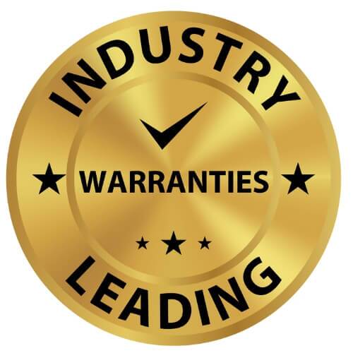 Industry Leading Warranties Gold circular badge with the text Industry Leading Warranties and three black stars positioned around and below the center, symbolizing our commitment to excellence in stairlifts.