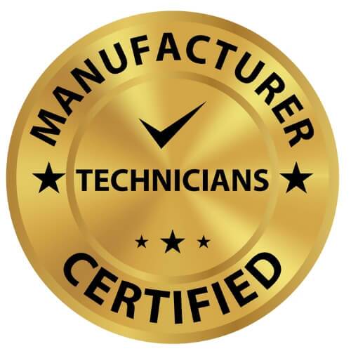 Manufacturer Certified Technicians Gold badge with Manufacturer Certified Technicians text, a checkmark in the center, and a subtle stairlifts icon.