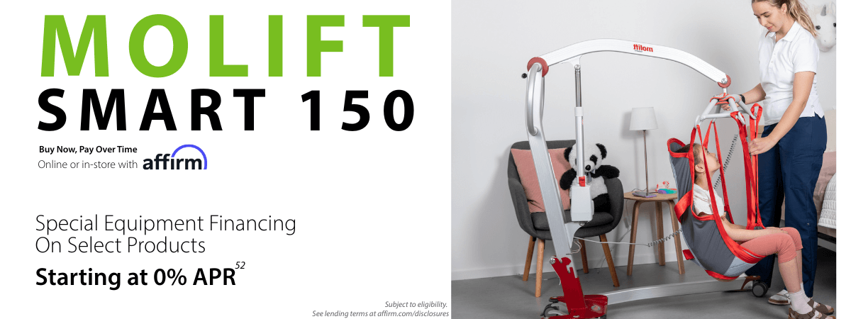 A woman operates a Molift Smart 150 patient lift, lifting a seated person in a sling; product financing information appears on the left.