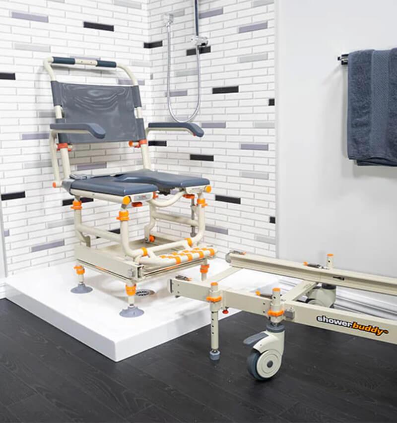 accessible bathroom shower chair positioned in shower