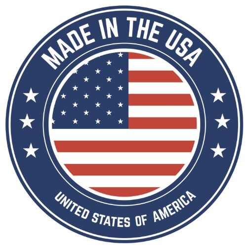 The circular emblem features the U.S. flag, proudly displaying Made in the USA at the top and United States of America at the bottom, just like our reliable stairlifts crafted with American expertise.