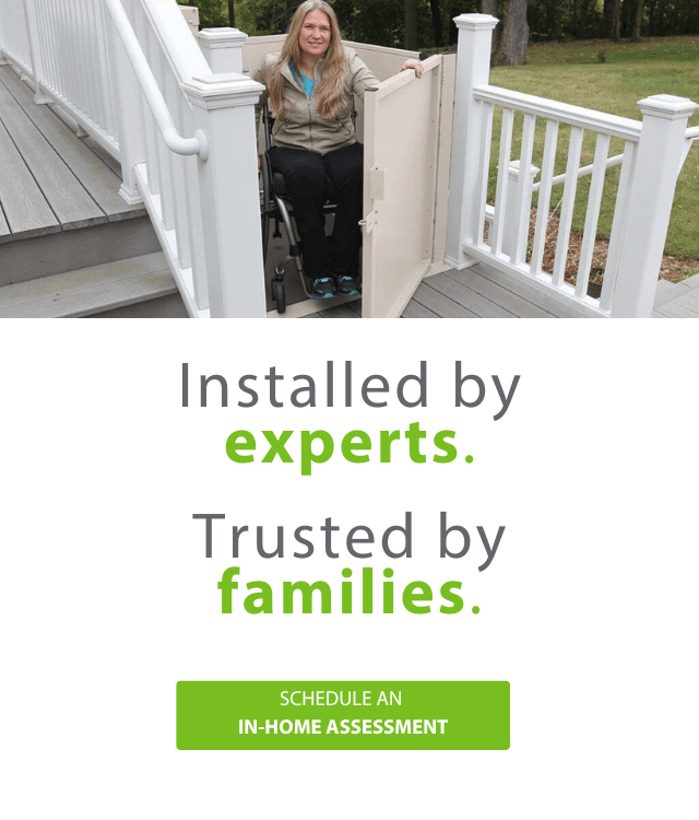Collage showing home accessibility features: ramps, stairlift, grab bars, patient lift, and a caregiver assisting an elderly woman. Text reads, Explore Your Home Accessibility Options.