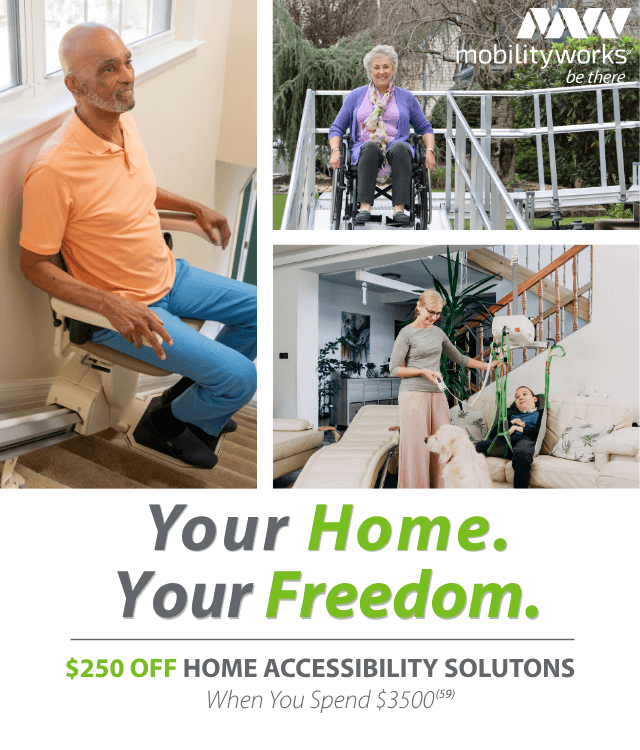Three images: a man uses a stair lift indoors, a woman in a wheelchair uses an outdoor ramp, and a woman assists a girl with a stair lift. Text promotes home accessibility solutions.