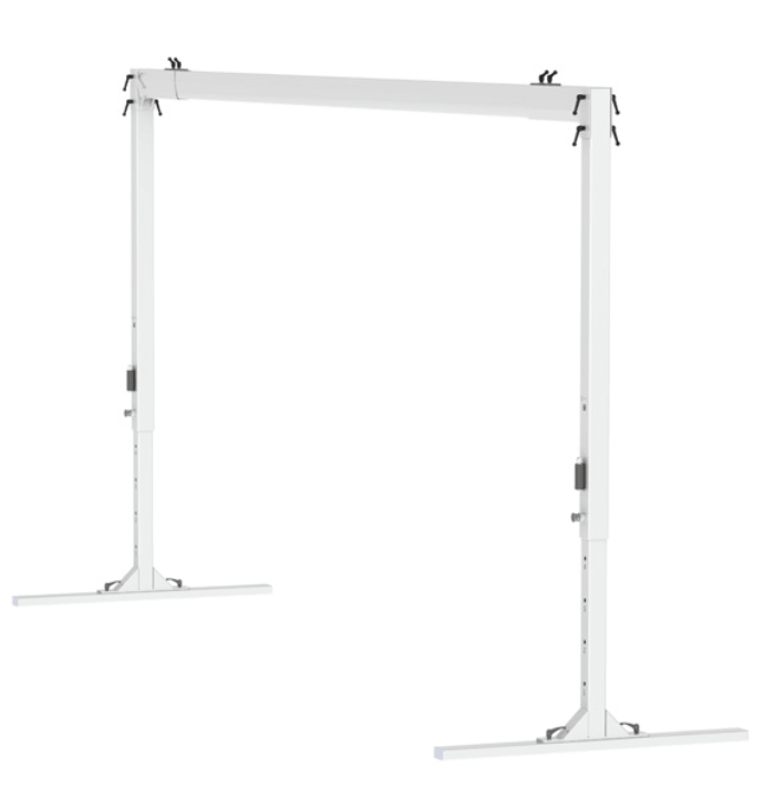 White adjustable metal desk frame with two vertical legs and T-shaped feet, designed to support a tabletop.