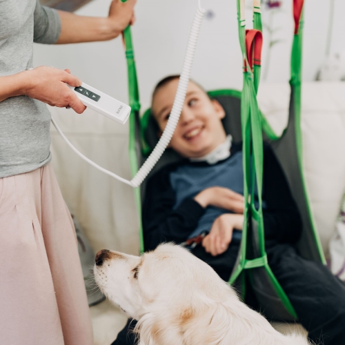 Human Care Patient Lift with kid and dog. A woman is holding the lift remote.