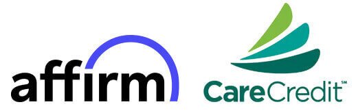 Logos of Affirm (left) with a half-circle design and CareCredit (right) featuring green swoosh elements, symbolizing stairlift financing options.